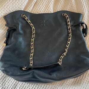 Tory Burch Black Leather Shoulder Bag with Gold Chain